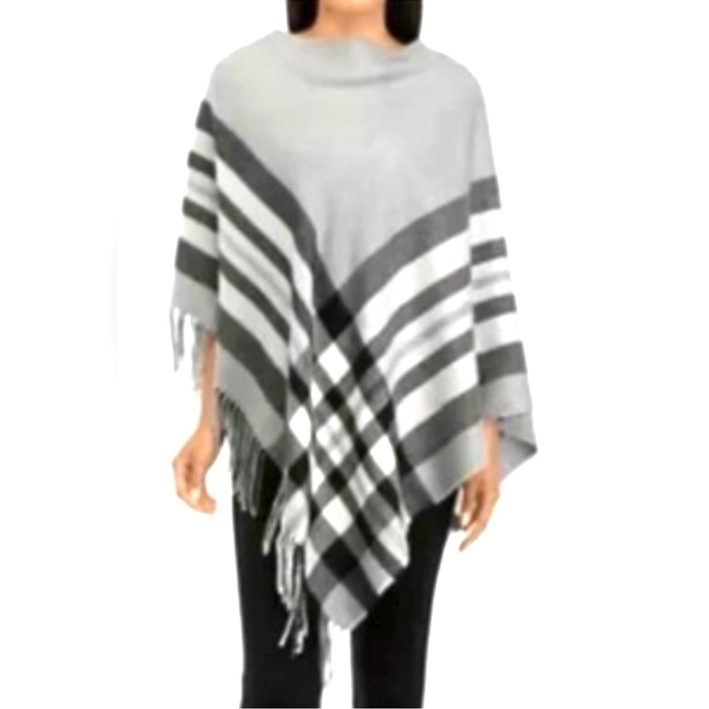 V. FRAAS Black and Gray Fringe Poncho One Size